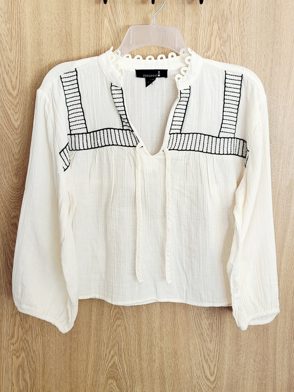 Broadway 38 Cream Peasant Top with Black Embroidery